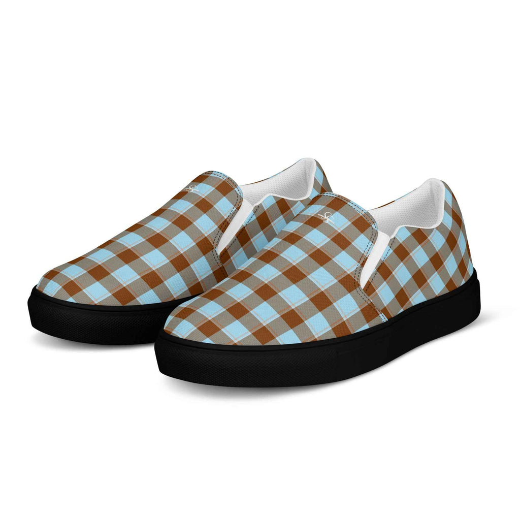 Women’s Slip-On Canvas Shoes Blizzard Blue and Livid Brown Plaid - Scottish Squares