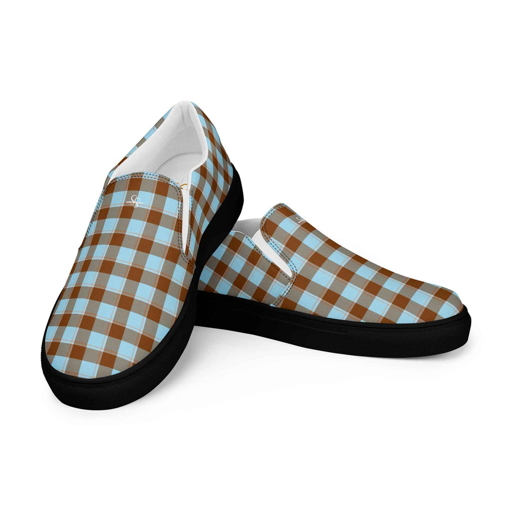 Women’s Slip-On Canvas Shoes Blizzard Blue and Livid Brown Plaid - Scottish Squares