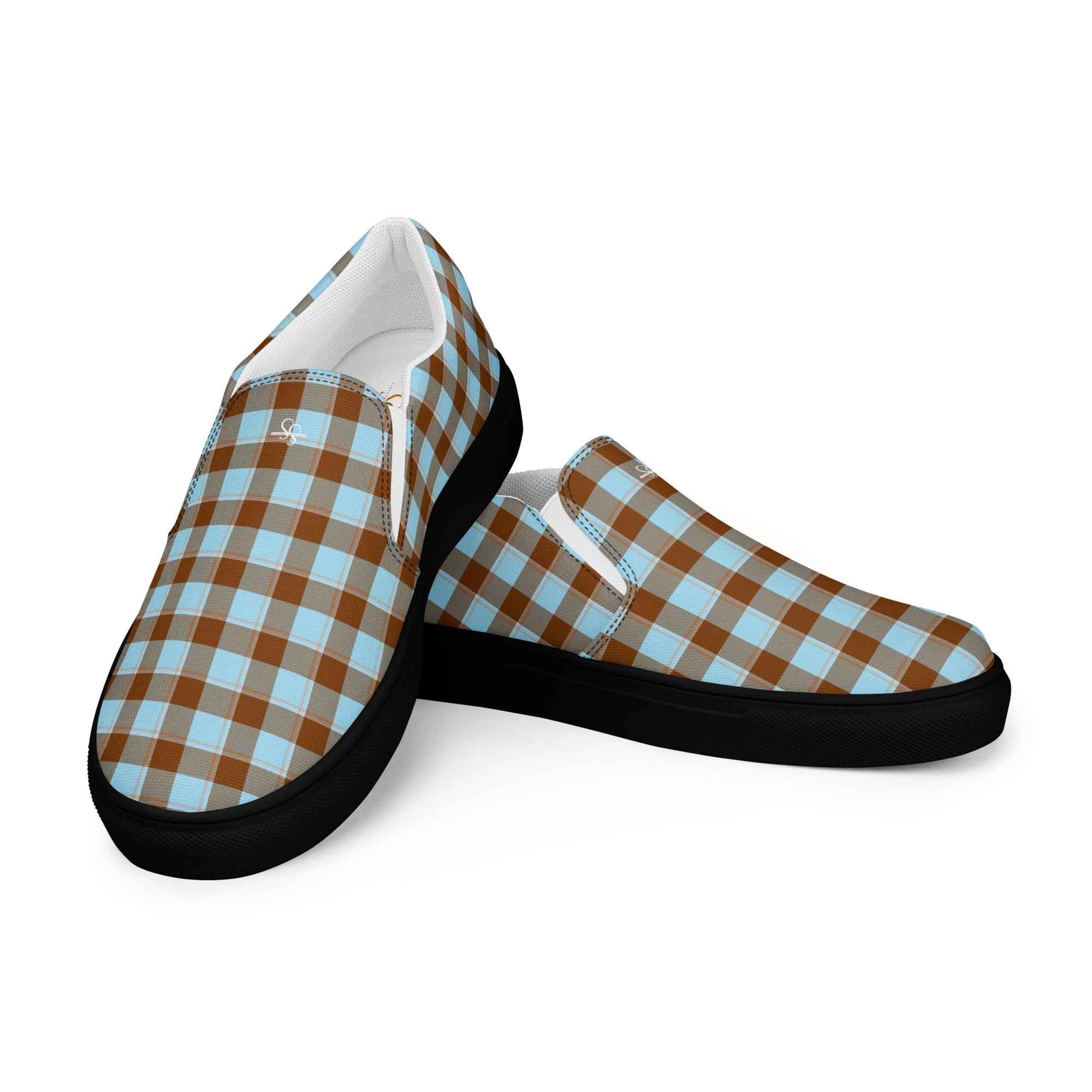 Women’s Slip-On Canvas Shoes Blizzard Blue and Livid Brown Plaid - Scottish Squares