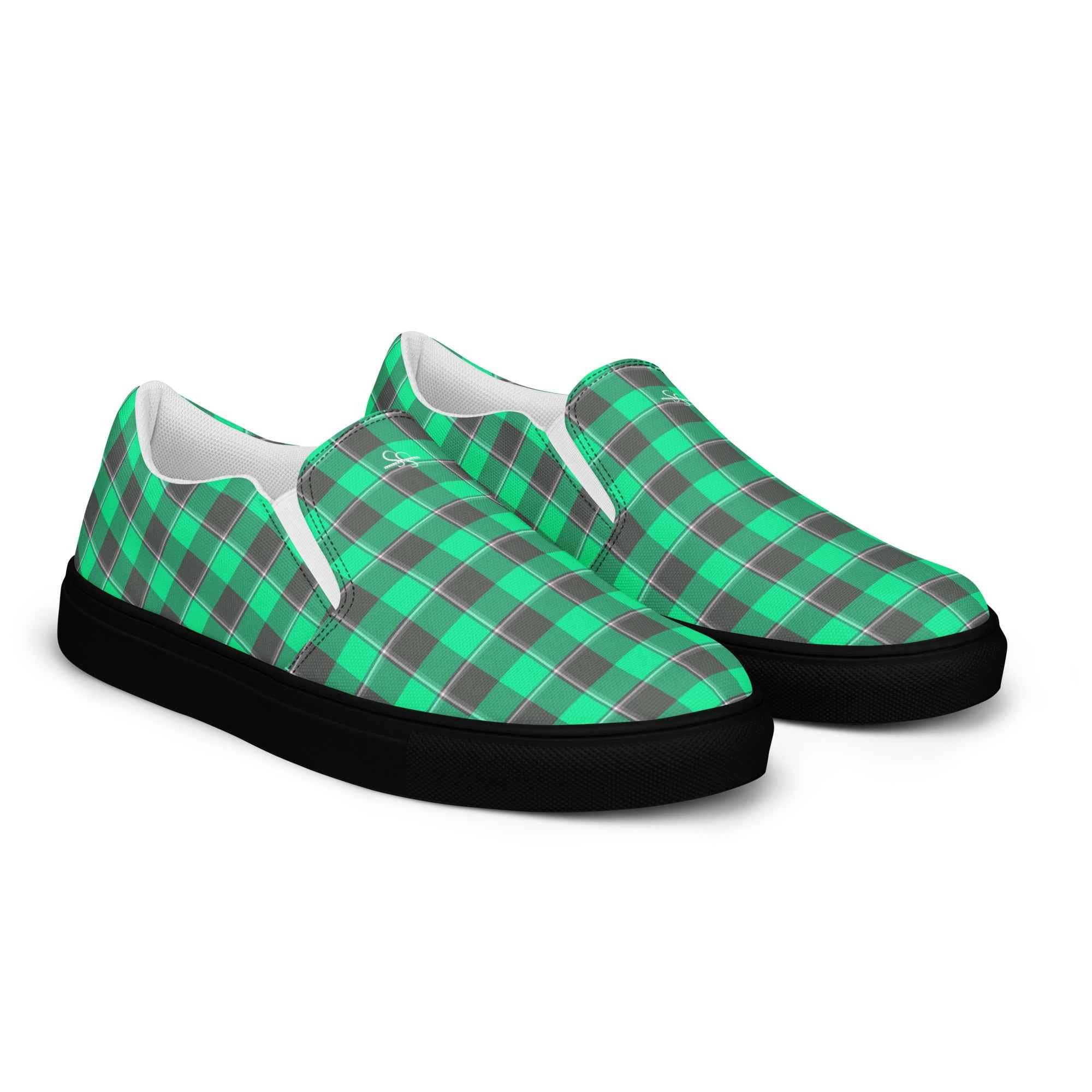 Women’s Slip-On Canvas Shoes Spring Green and Finlandia Plaid - Scottish Squares