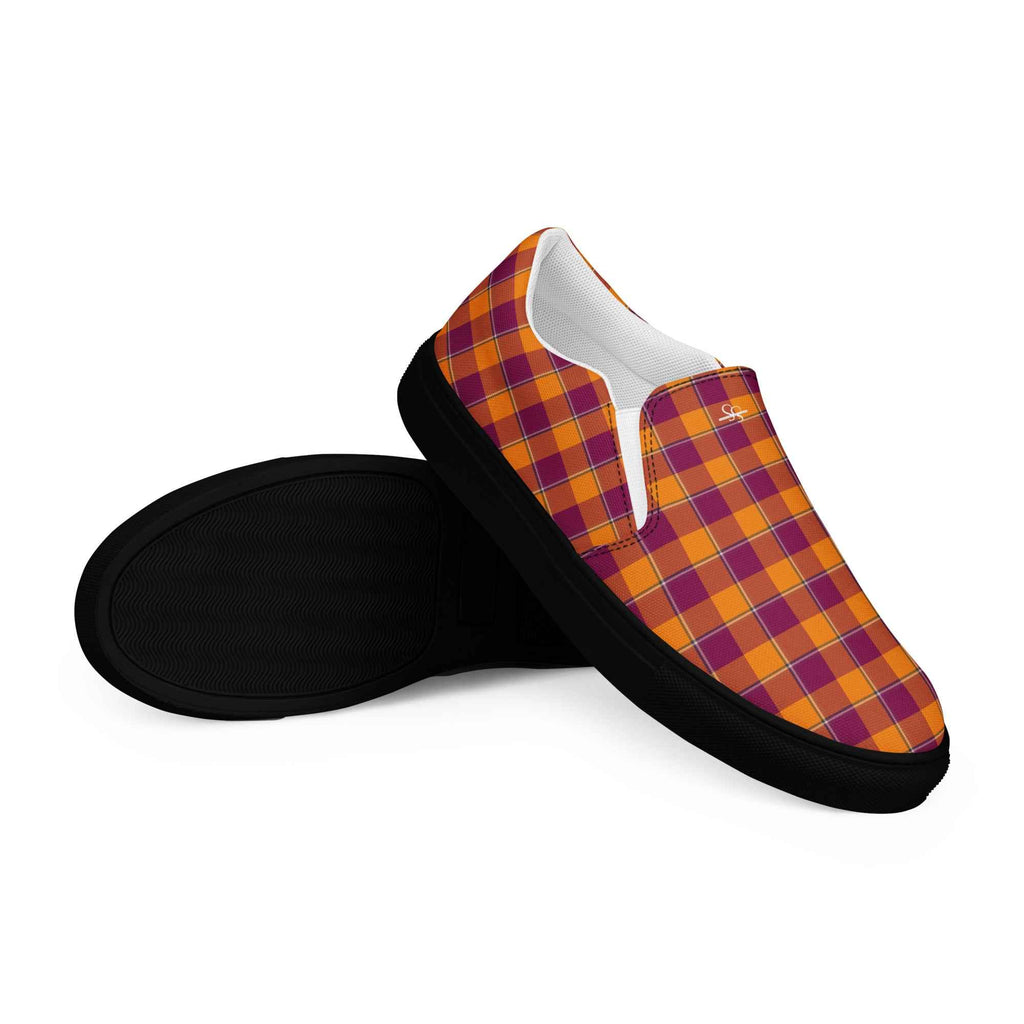 Women’s Slip-On Canvas Shoes Tahiti Gold and Rose Bud Cherry Plaid - Scottish Squares