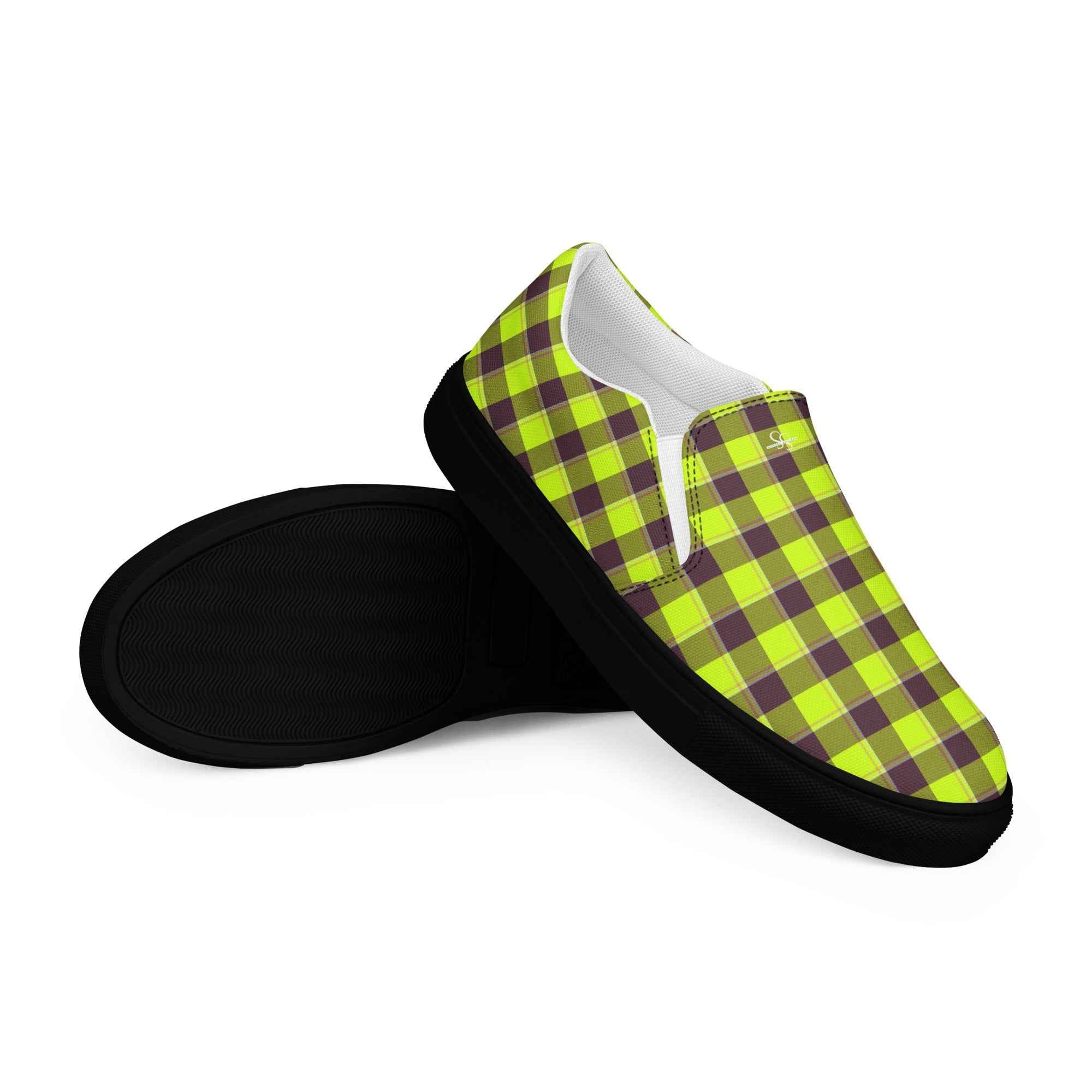 Women’s Slip-On Canvas Shoes Electric Lime and Livid Brown Plaid - Scottish Squares