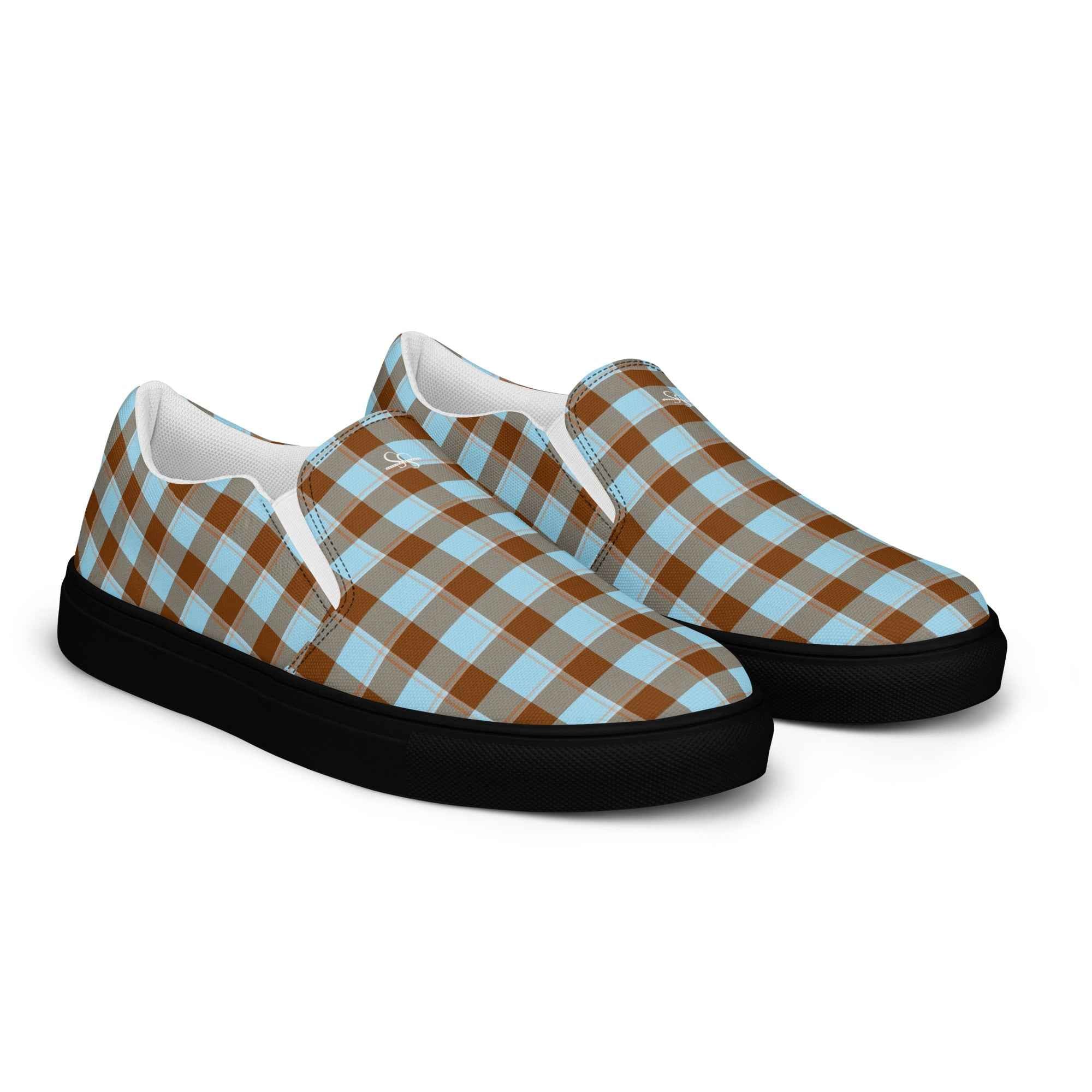Women’s Slip-On Canvas Shoes Blizzard Blue and Livid Brown Plaid - Scottish Squares