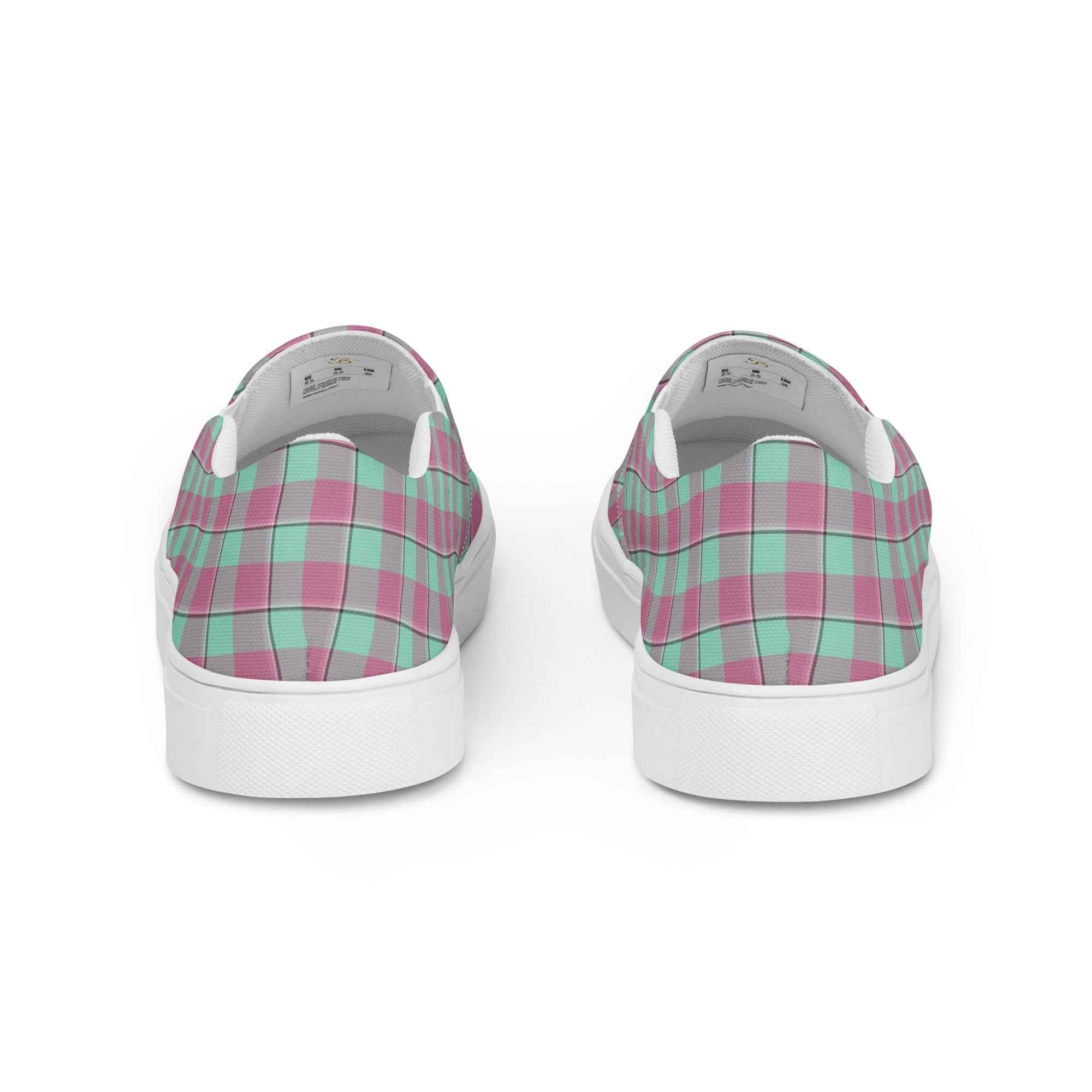 Women’s Slip-On Canvas Shoes Vista Blue and Turkish Rose Plaid - Scottish Squares
