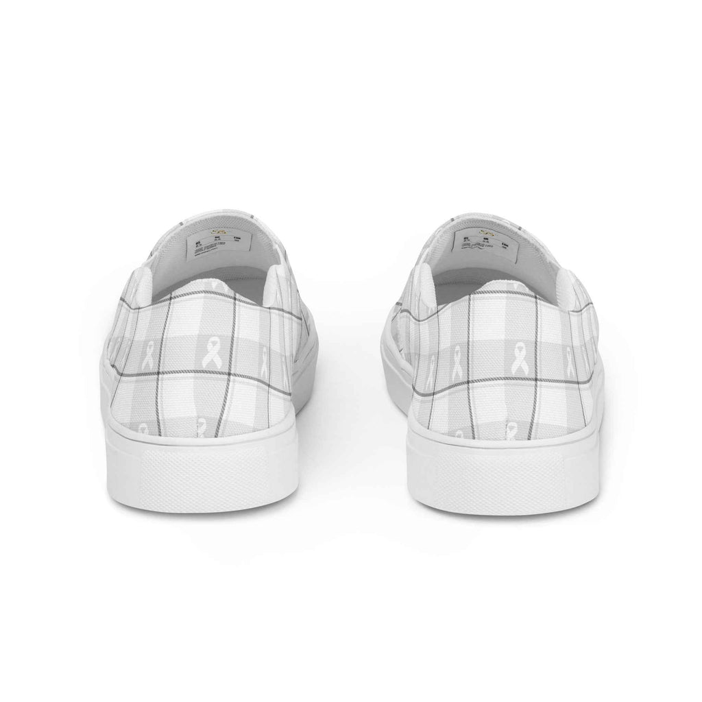 Women’s Slip-On Canvas Shoes Lung Cancer Awareness Plaid, White Ribbon, Supportive Gift - Scottish Squares