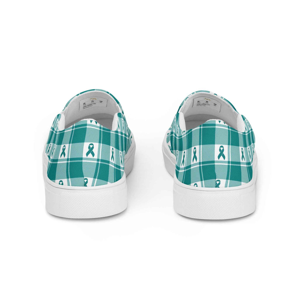 Women’s Slip-On Canvas Shoes Cervical Cancer Awareness Plaid, Teal Ribbon, Supportive Gift - Scottish Squares