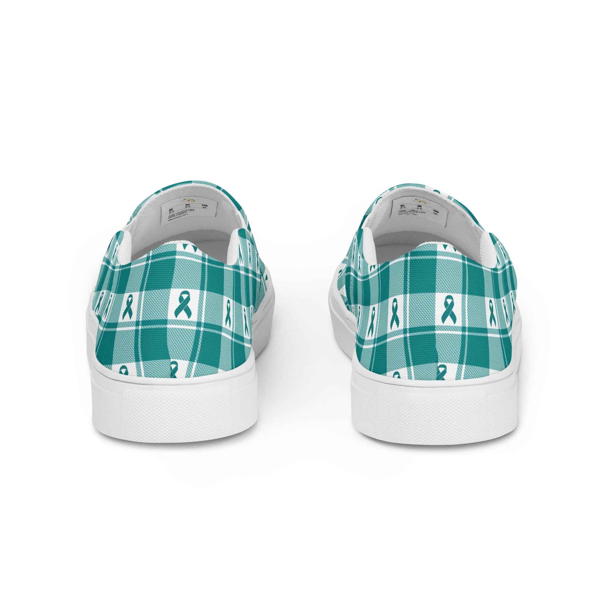 Women’s Slip-On Canvas Shoes Cervical Cancer Awareness Plaid, Teal Ribbon, Supportive Gift - Scottish Squares