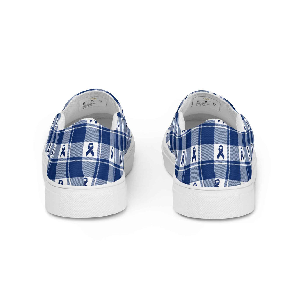 Women’s Slip-On Canvas Shoes Colorectal Cancer Awareness Plaid, Dark Blue Ribbon, Supportive Gift - Scottish Squares