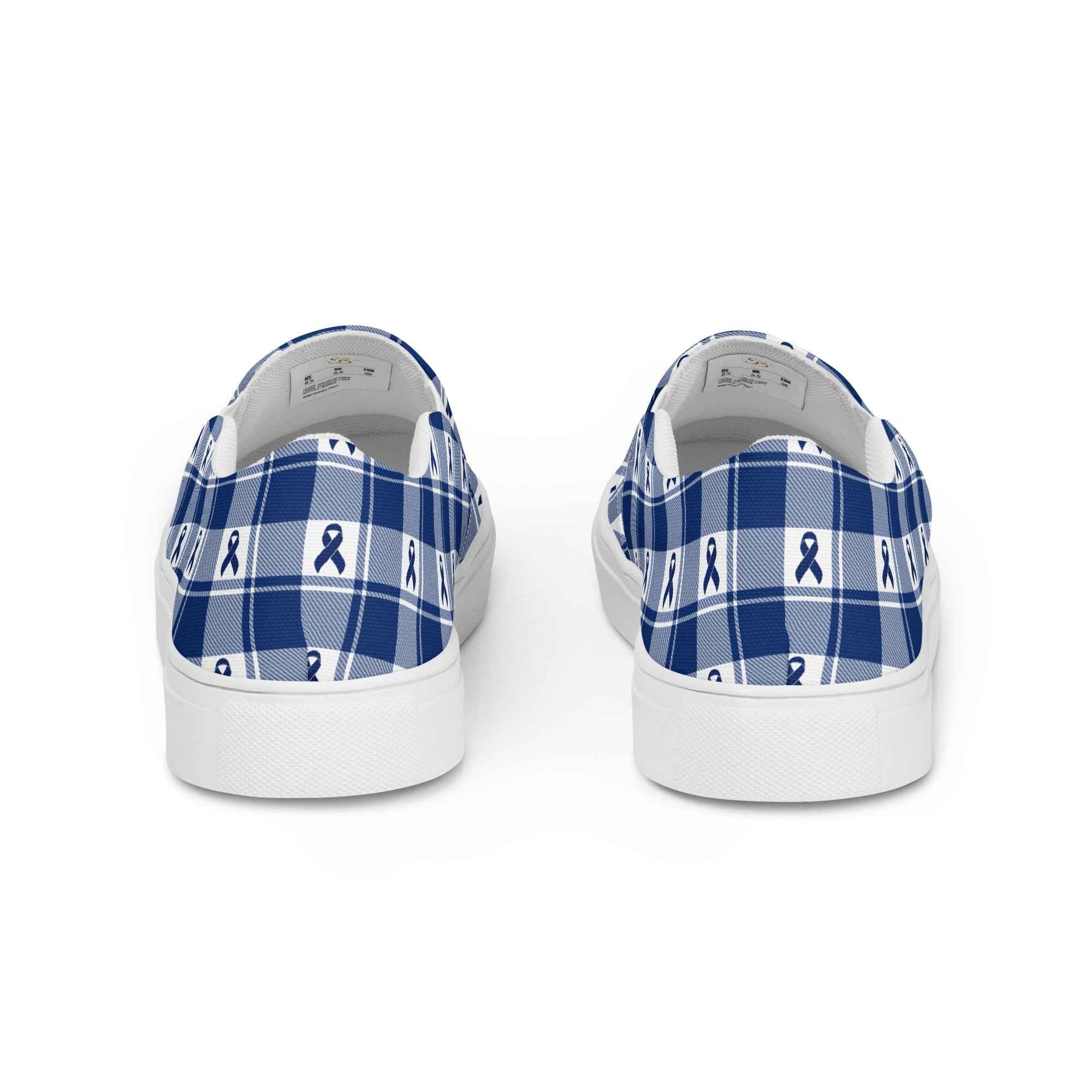 Women’s Slip-On Canvas Shoes Colorectal Cancer Awareness Plaid, Dark Blue Ribbon, Supportive Gift - Scottish Squares