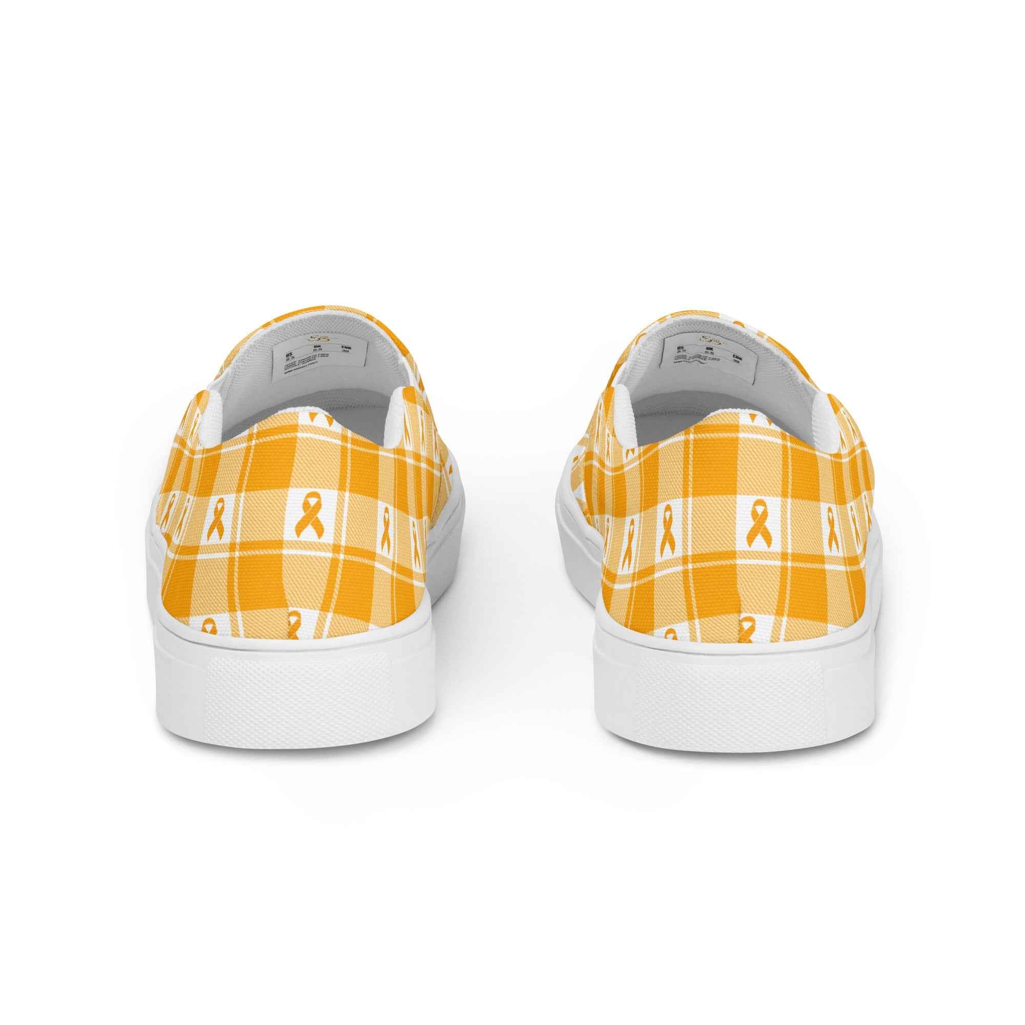 Women’s Slip-On Canvas Shoes Kidney Cancer Awareness Plaid, Orange Ribbon, Supportive Gift - Scottish Squares