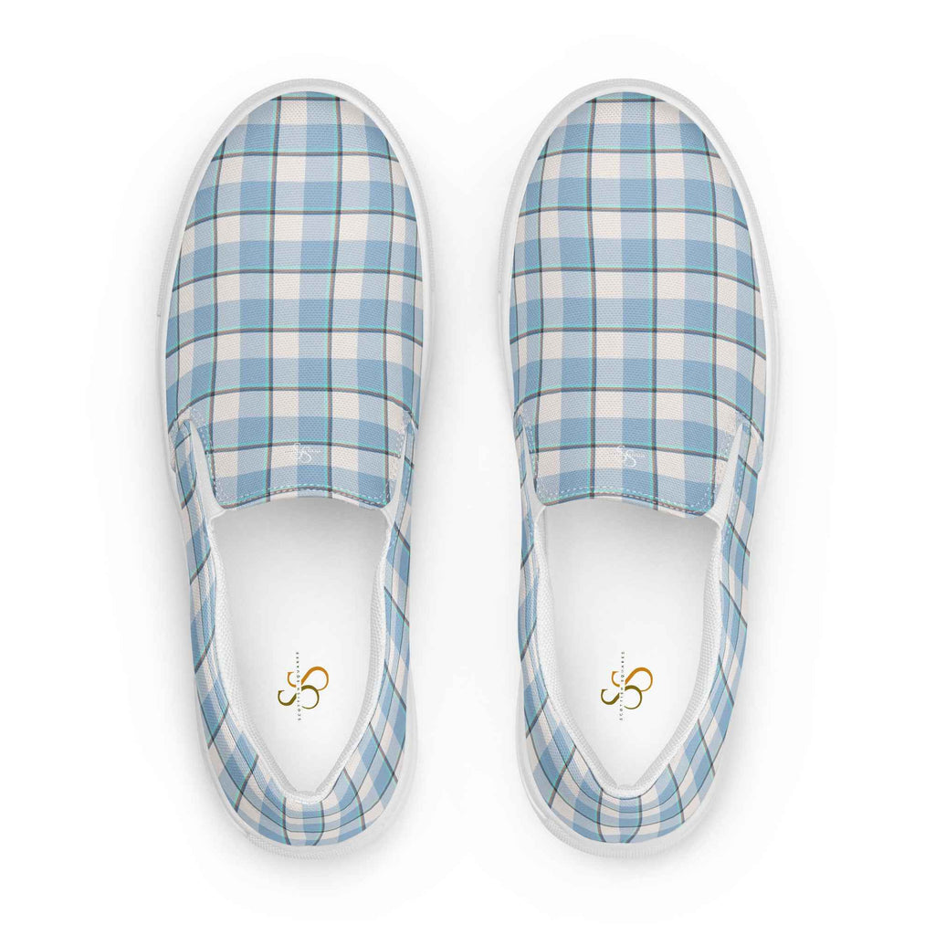 Women’s Slip-On Canvas Shoes Pink Cloud and Blue Lagoon Plaid 12 - Scottish Squares