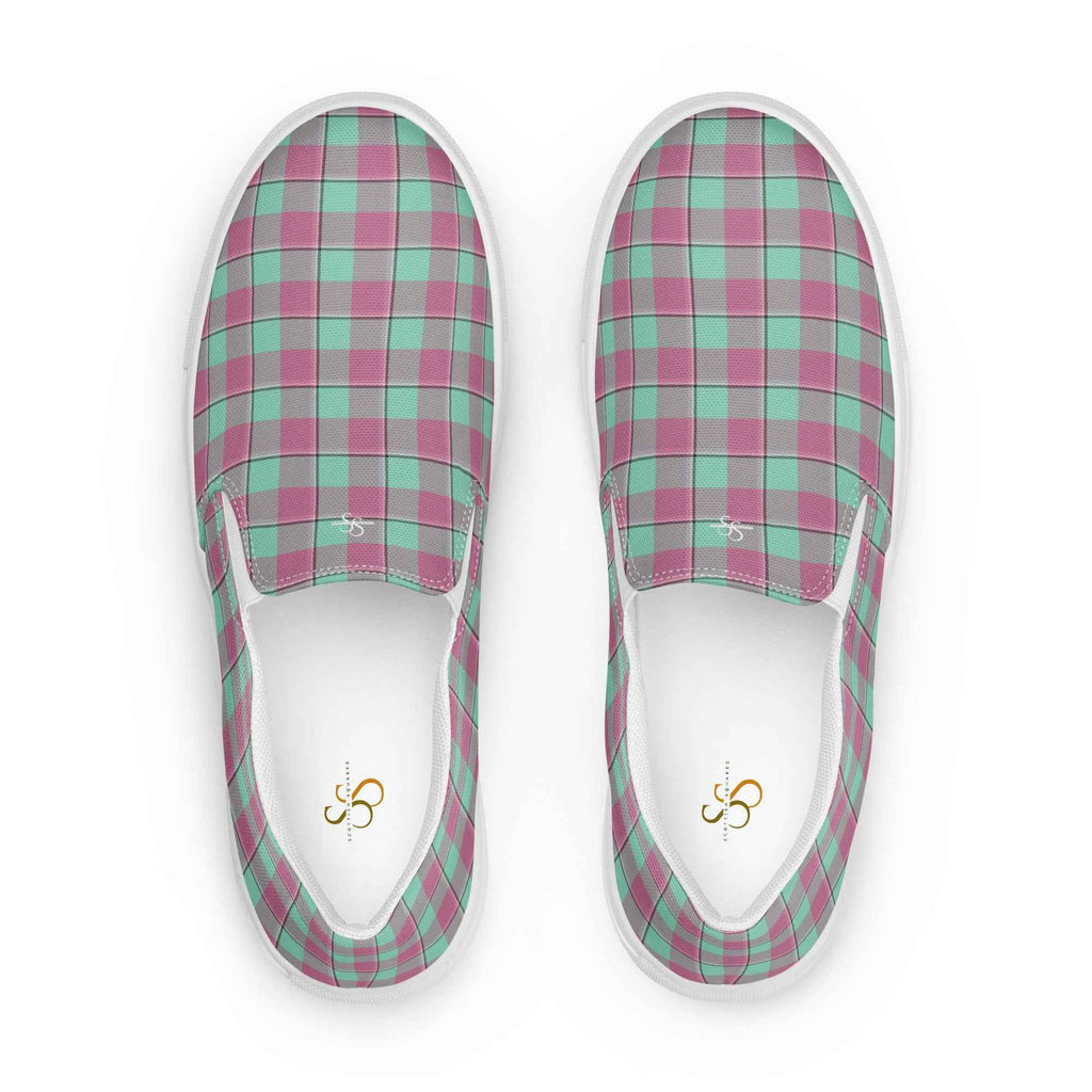 Women’s Slip-On Canvas Shoes Vista Blue and Turkish Rose Plaid 12 - Scottish Squares