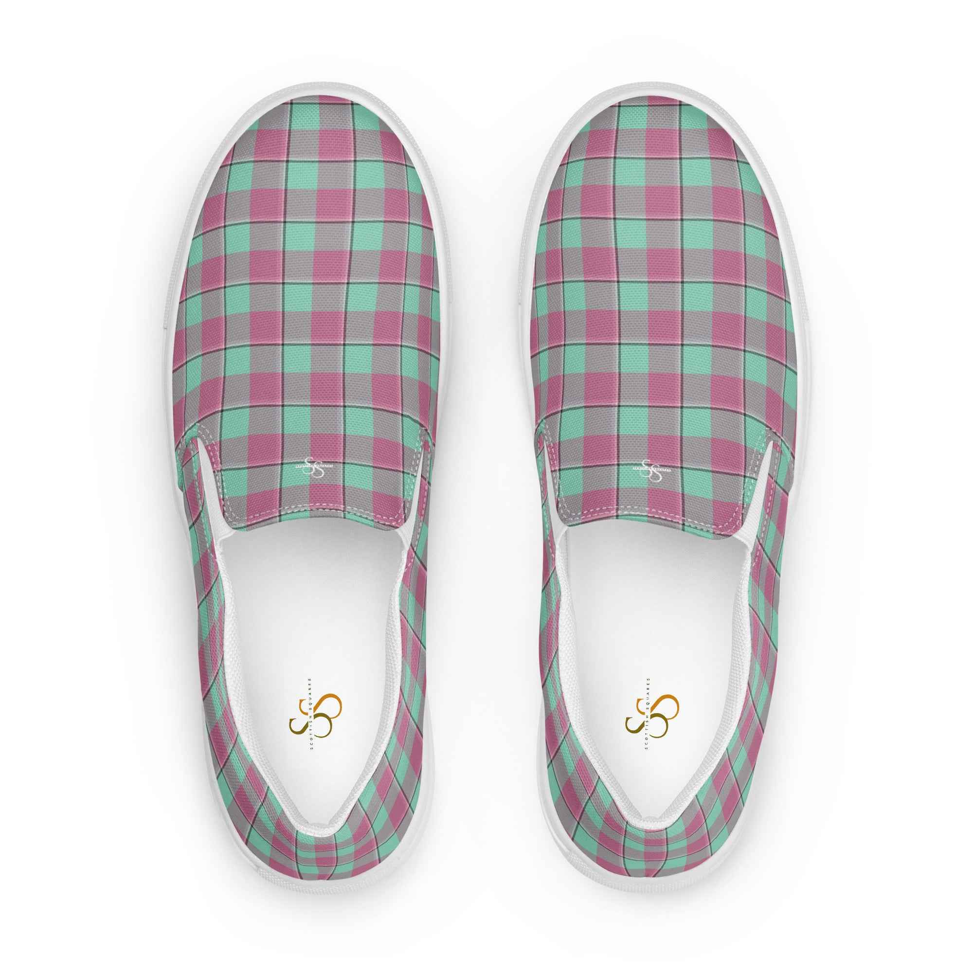 Women’s Slip-On Canvas Shoes Vista Blue and Turkish Rose Plaid 12 - Scottish Squares