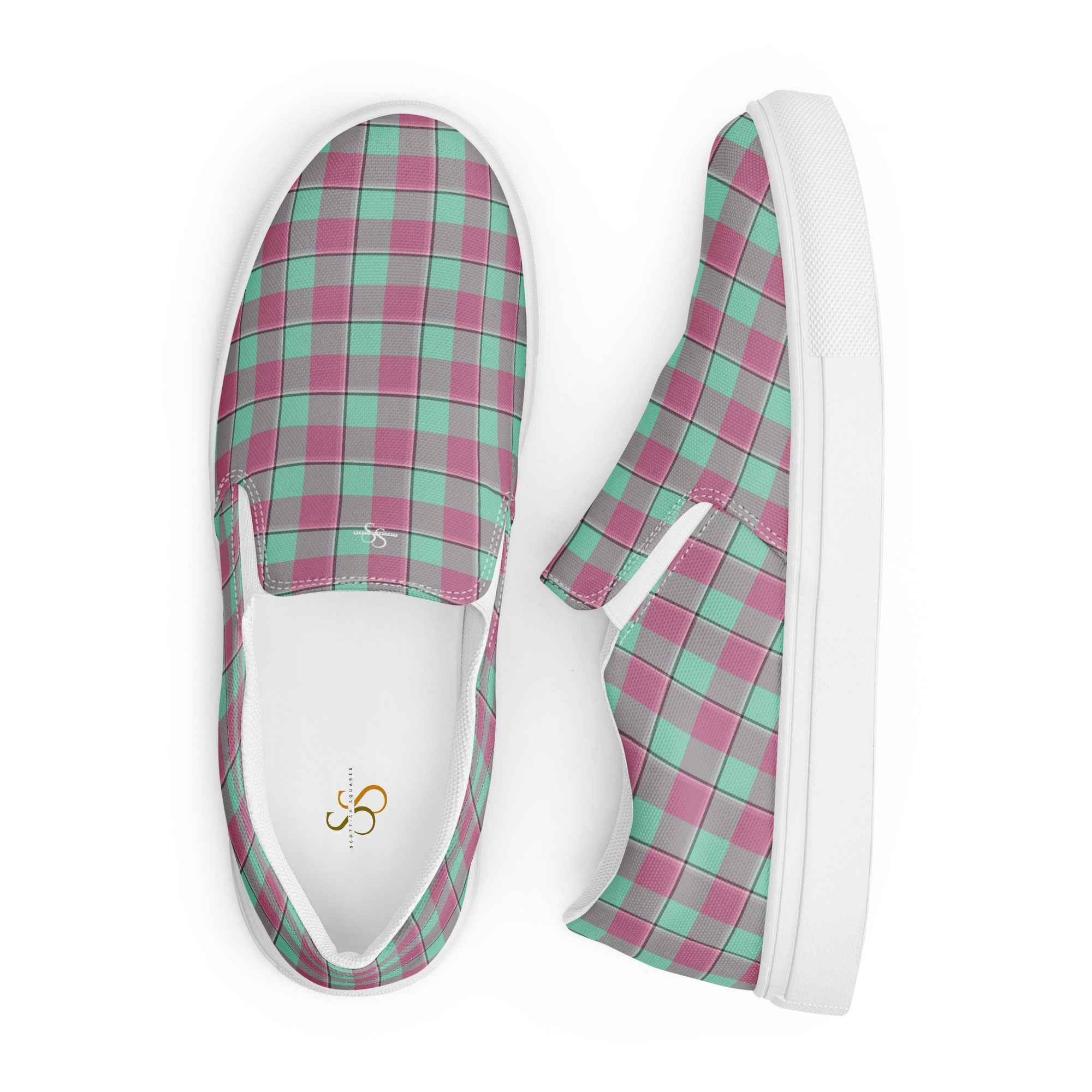 Women’s Slip-On Canvas Shoes Vista Blue and Turkish Rose Plaid - Scottish Squares