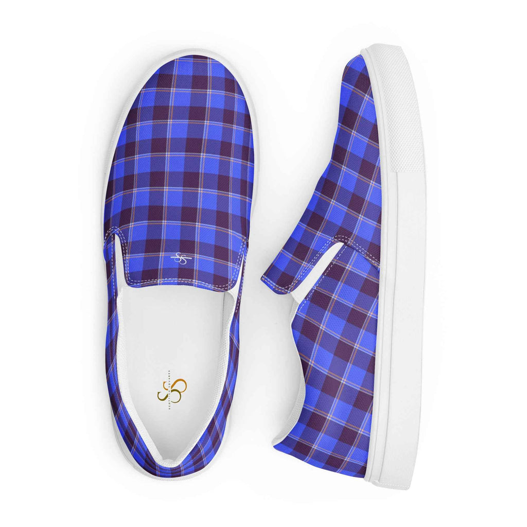 Women’s Slip-On Canvas Shoes Cornflower Blue and Livid Brown Plaid - Scottish Squares