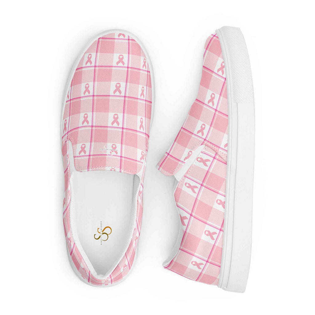Women’s Slip-On Canvas Shoes Breast Cancer Awareness Plaid - Scottish Squares