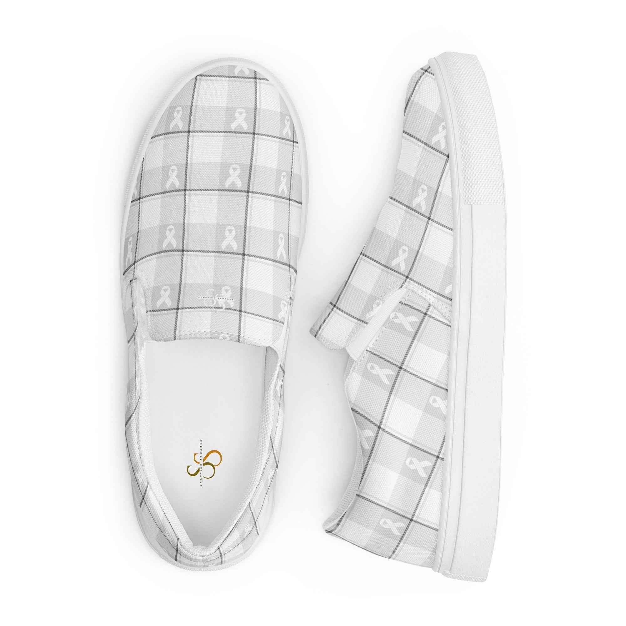 Women’s Slip-On Canvas Shoes Lung Cancer Awareness Plaid, White Ribbon, Supportive Gift - Scottish Squares