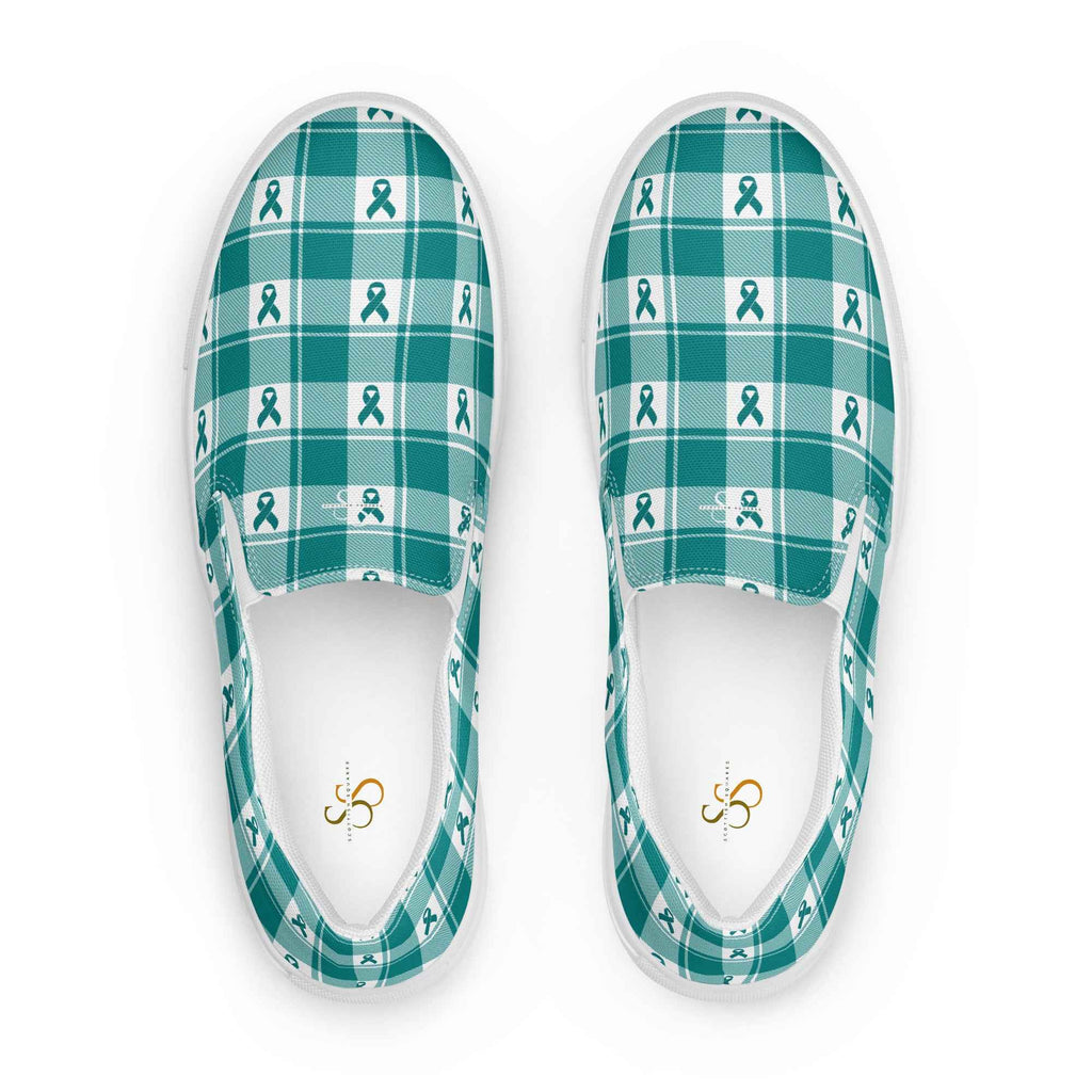 Women’s Slip-On Canvas Shoes Cervical Cancer Awareness Plaid, Teal Ribbon, Supportive Gift 12 - Scottish Squares