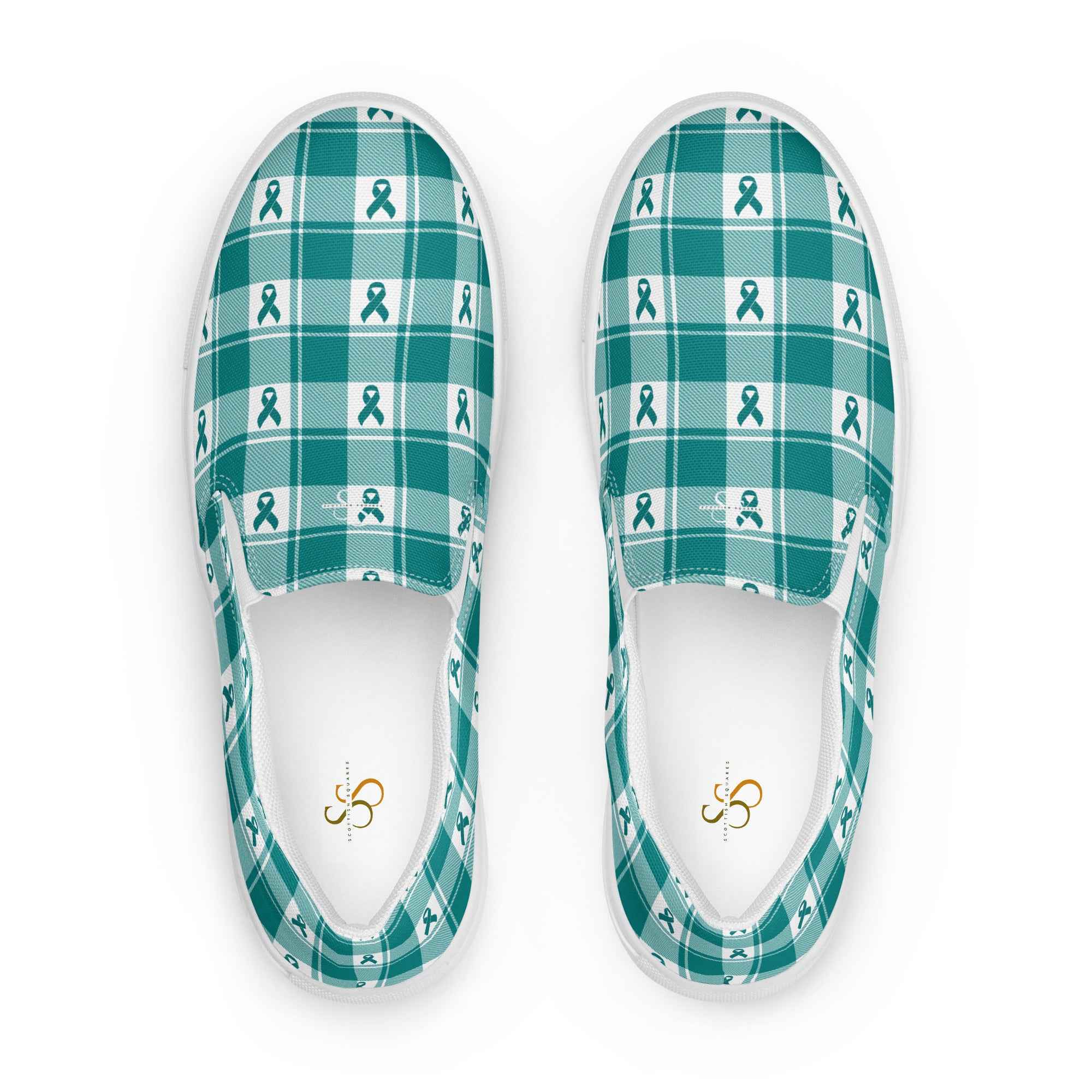 Women’s Slip-On Canvas Shoes Cervical Cancer Awareness Plaid, Teal Ribbon, Supportive Gift 12 - Scottish Squares