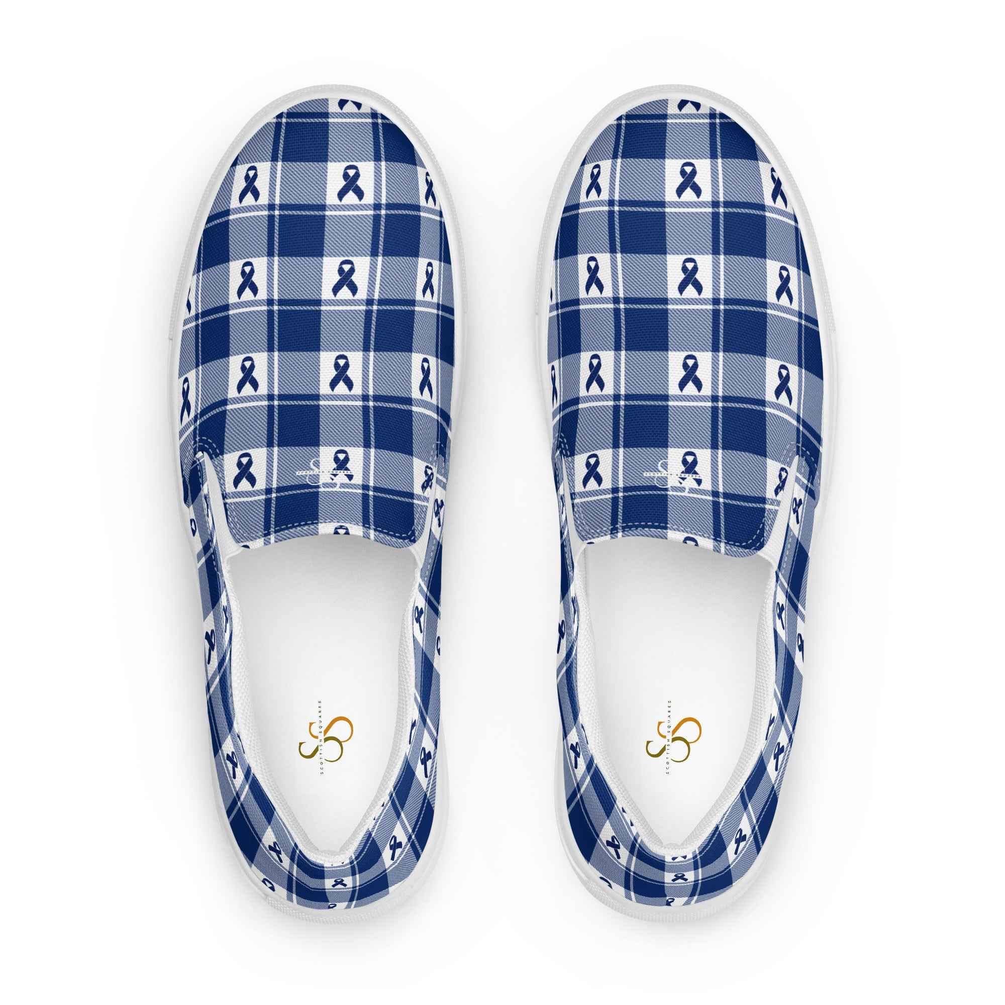 Women’s Slip-On Canvas Shoes Colorectal Cancer Awareness Plaid, Dark Blue Ribbon, Supportive Gift 12 - Scottish Squares