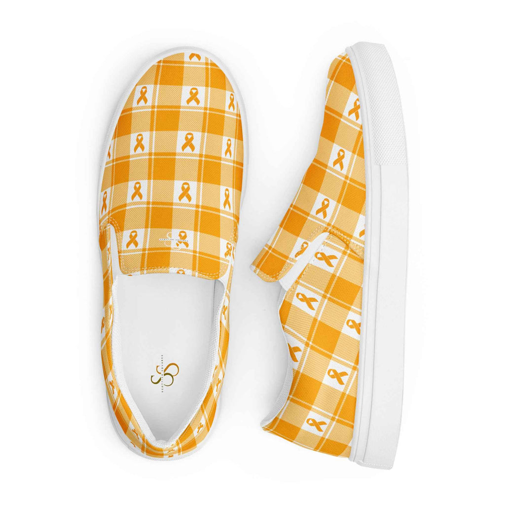 Women’s Slip-On Canvas Shoes Kidney Cancer Awareness Plaid, Orange Ribbon, Supportive Gift - Scottish Squares