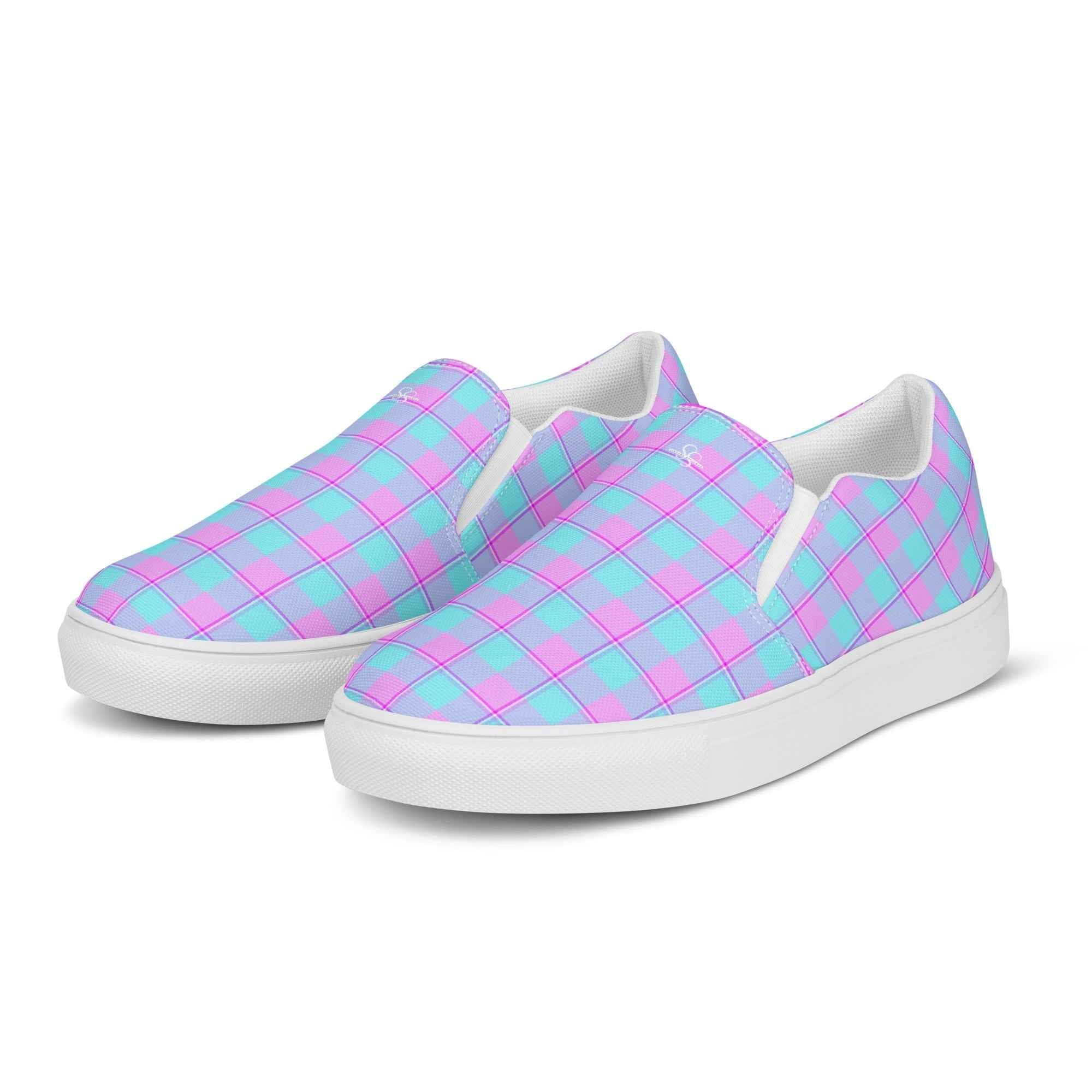 Women’s Slip-On Canvas Shoes Mauve and Coastal Mist Plaid - Scottish Squares