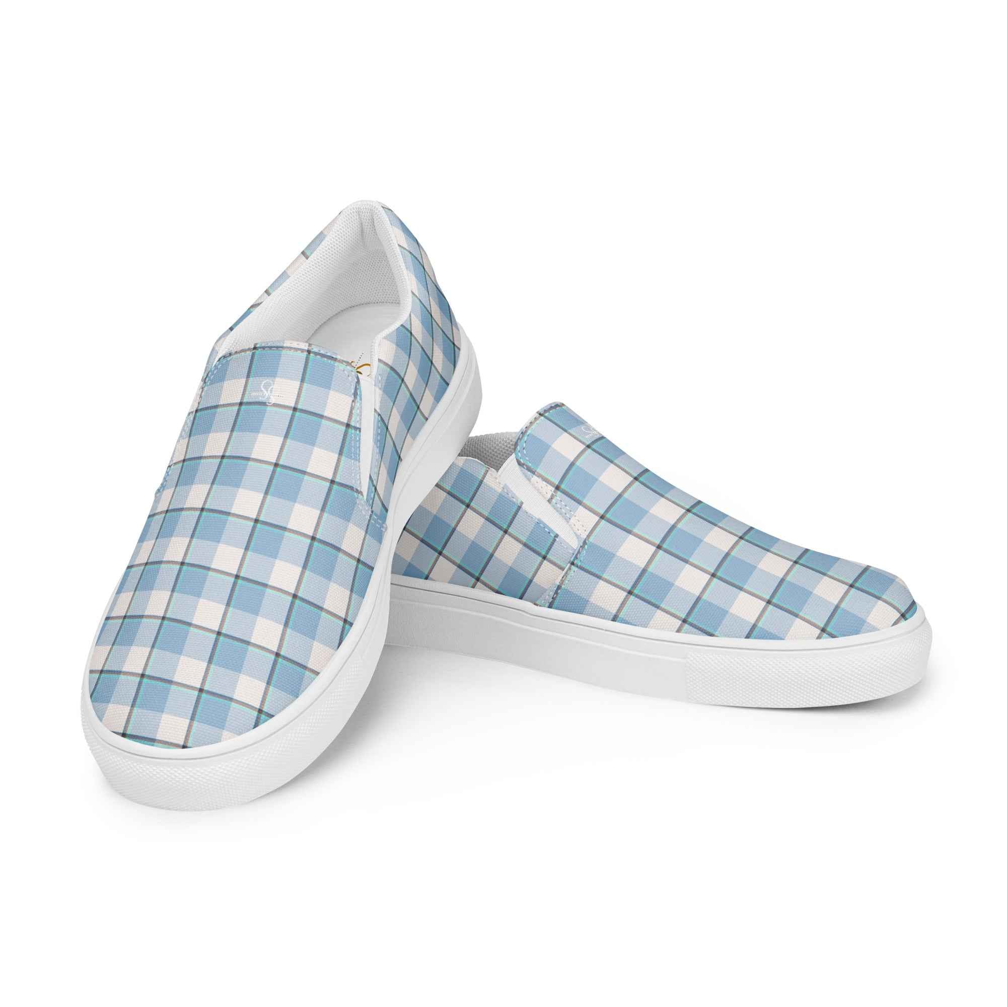 Women’s Slip-On Canvas Shoes Pink Cloud and Blue Lagoon Plaid - Scottish Squares
