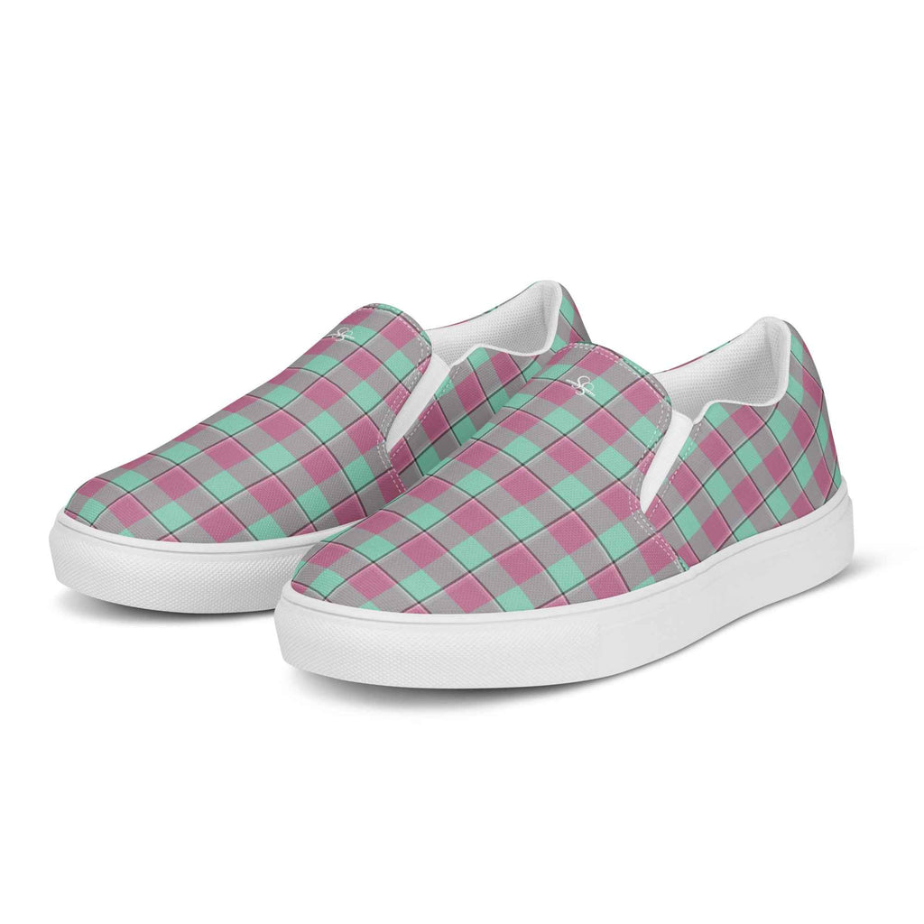 Women’s Slip-On Canvas Shoes Vista Blue and Turkish Rose Plaid - Scottish Squares