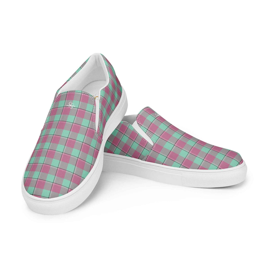 Women’s Slip-On Canvas Shoes Vista Blue and Turkish Rose Plaid - Scottish Squares