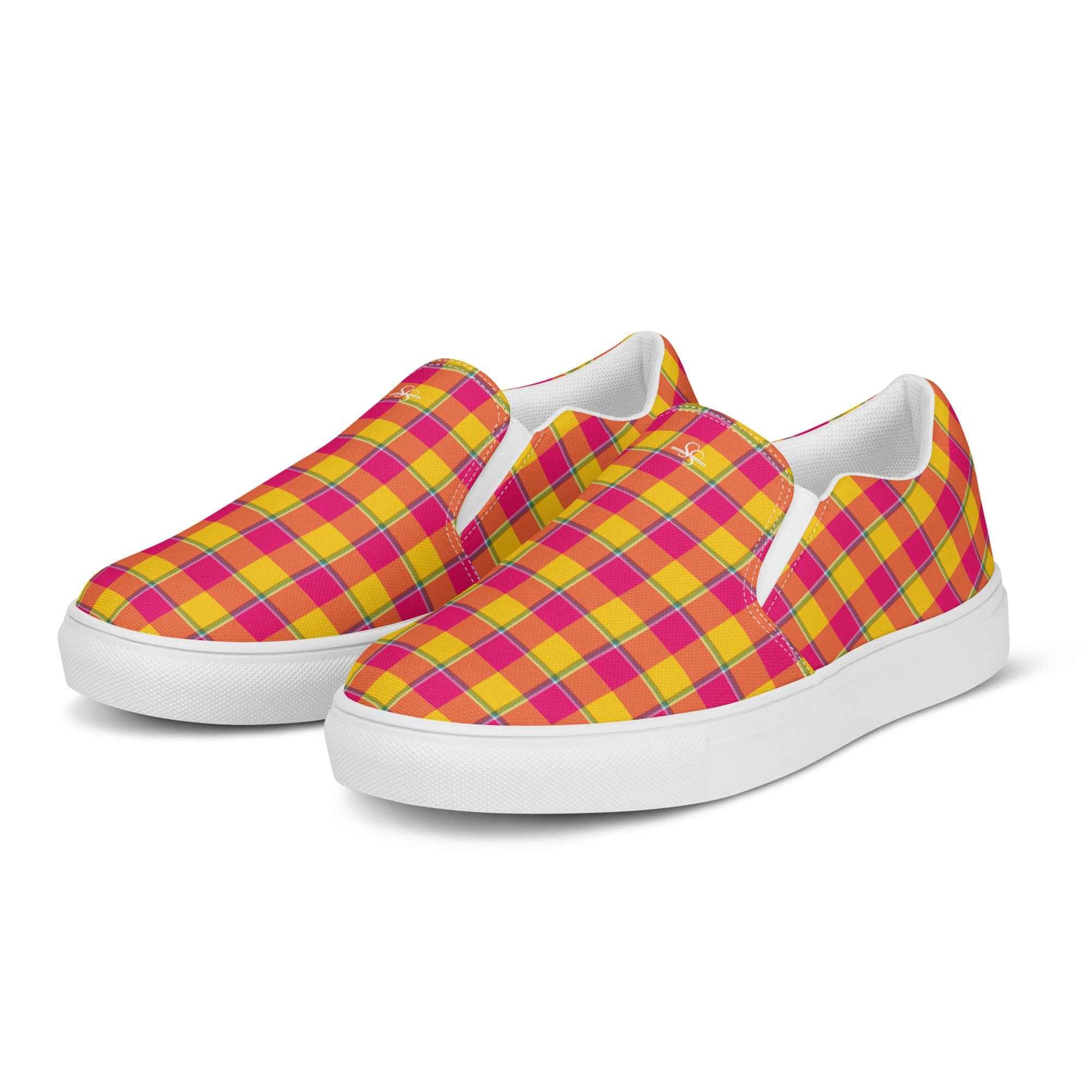 Women’s Slip-On Canvas Shoes Corn and Razzmatazz Plaid - Scottish Squares