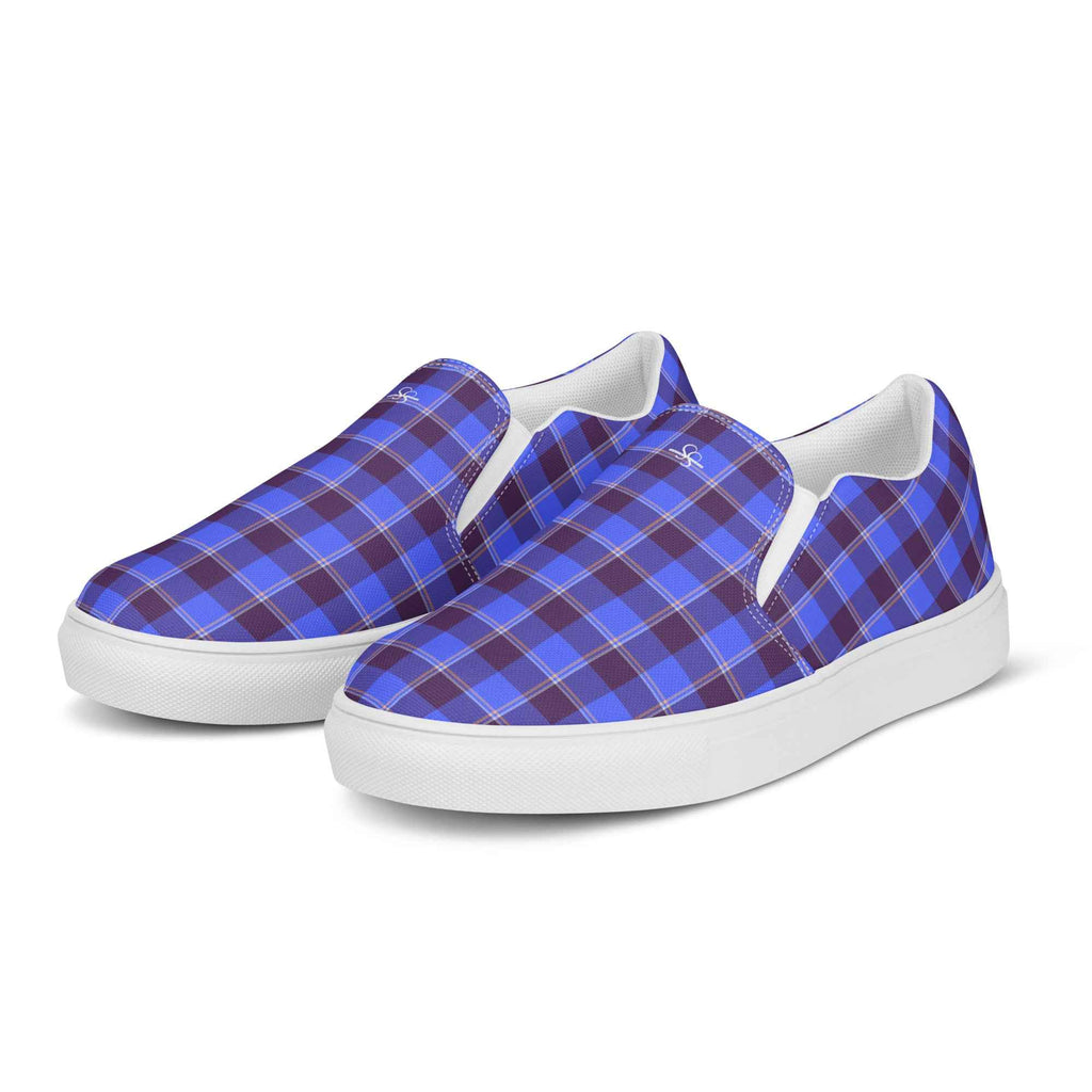 Women’s Slip-On Canvas Shoes Cornflower Blue and Livid Brown Plaid - Scottish Squares