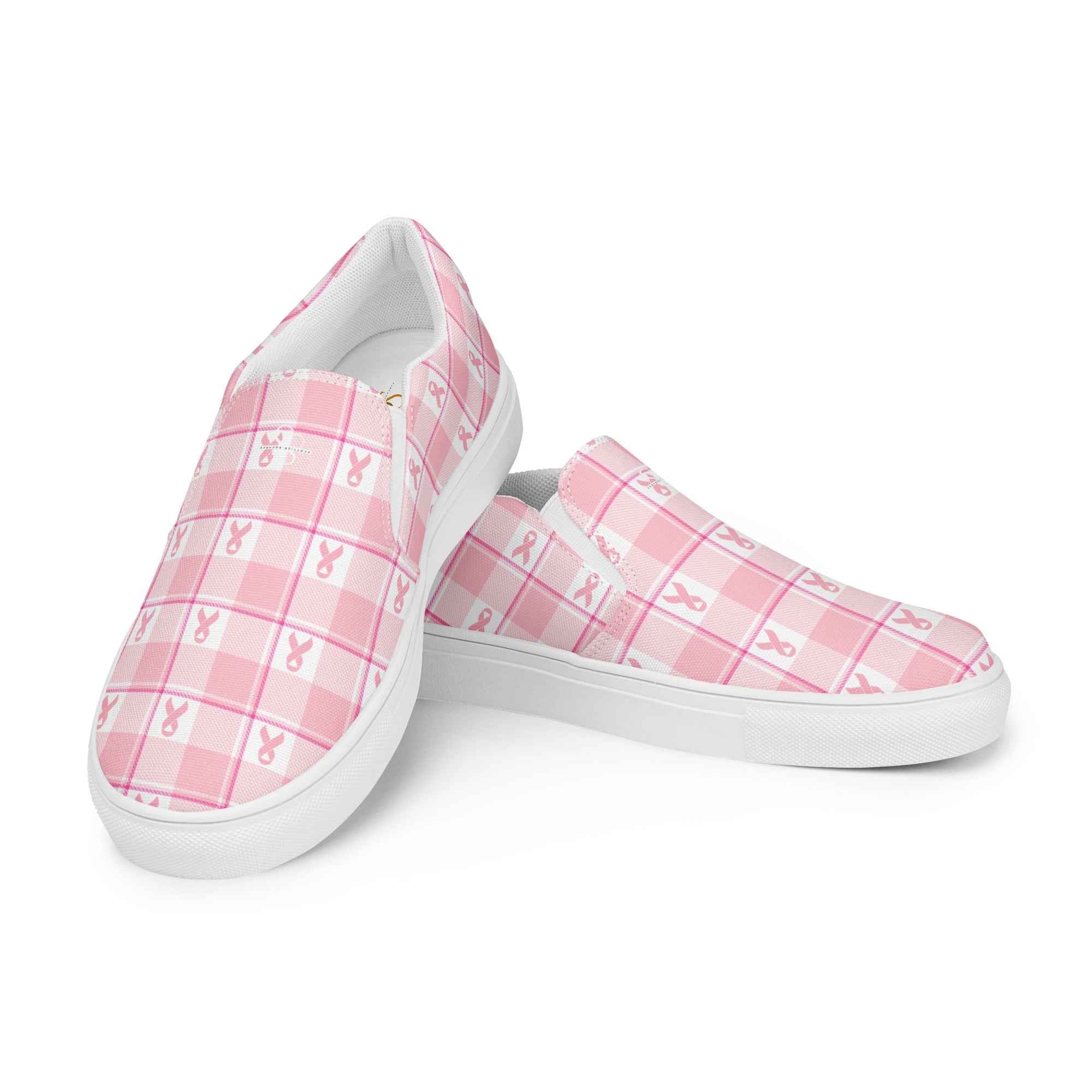 Women’s Slip-On Canvas Shoes Breast Cancer Awareness Plaid - Scottish Squares