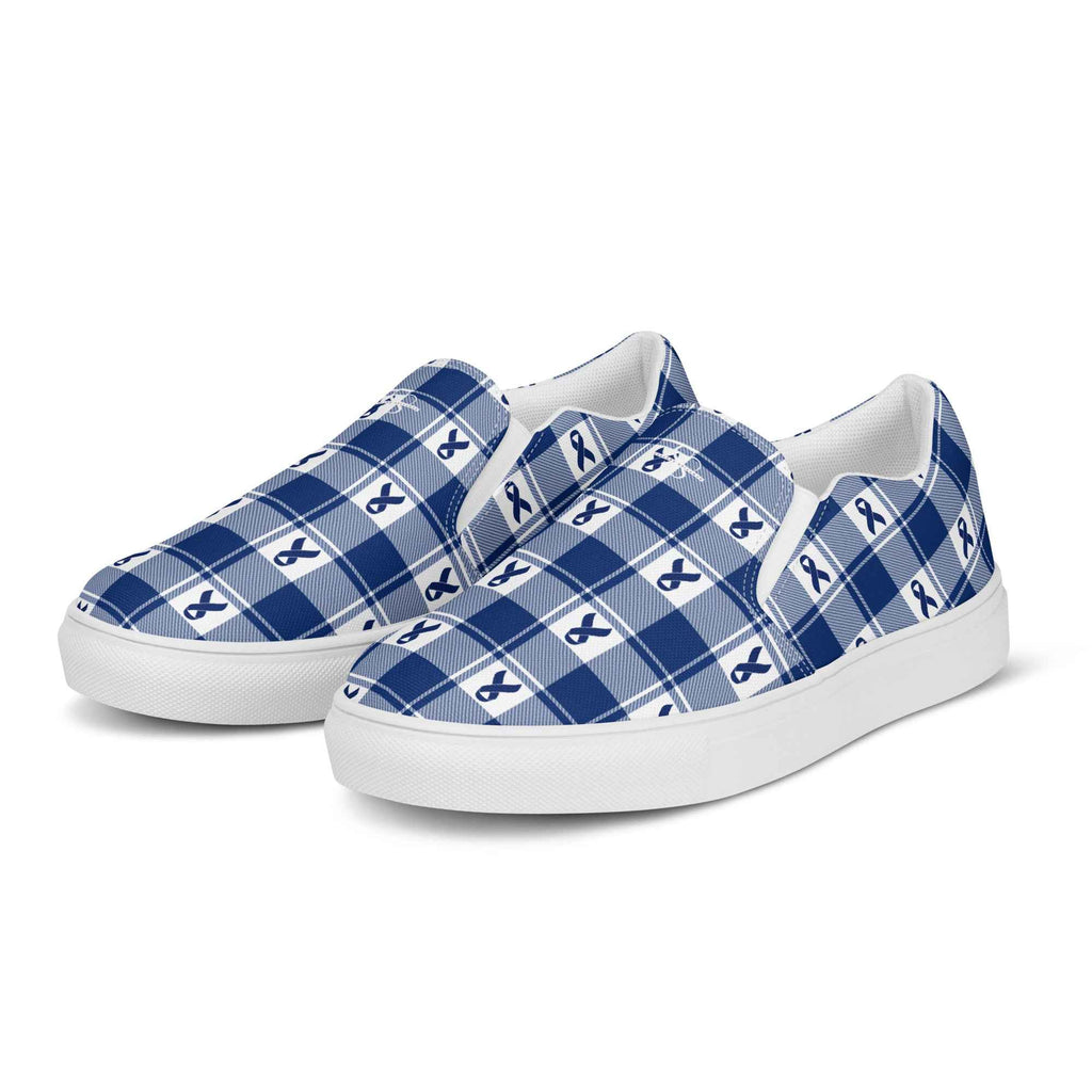 Women’s Slip-On Canvas Shoes Colorectal Cancer Awareness Plaid, Dark Blue Ribbon, Supportive Gift - Scottish Squares