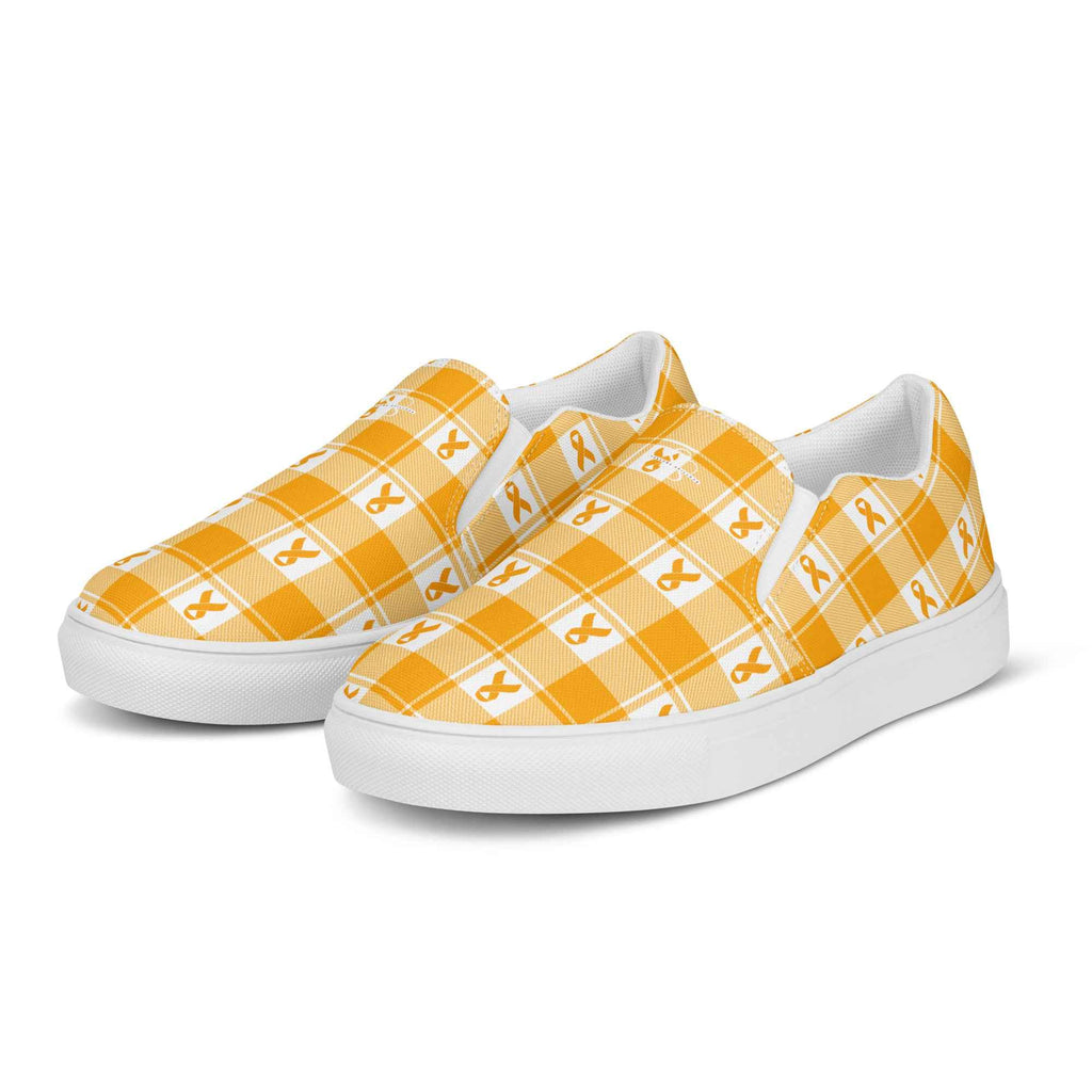Women’s Slip-On Canvas Shoes Kidney Cancer Awareness Plaid, Orange Ribbon, Supportive Gift - Scottish Squares