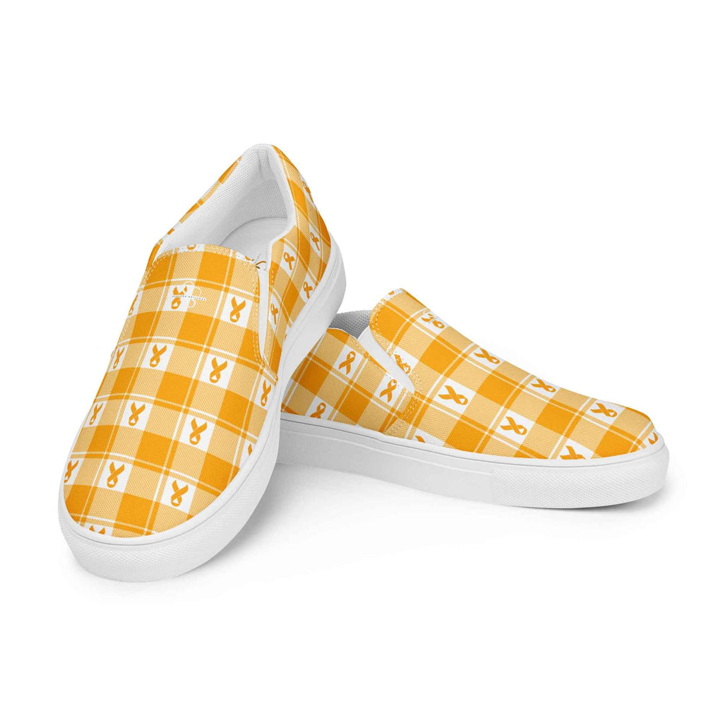 Women’s Slip-On Canvas Shoes Kidney Cancer Awareness Plaid, Orange Ribbon, Supportive Gift - Scottish Squares
