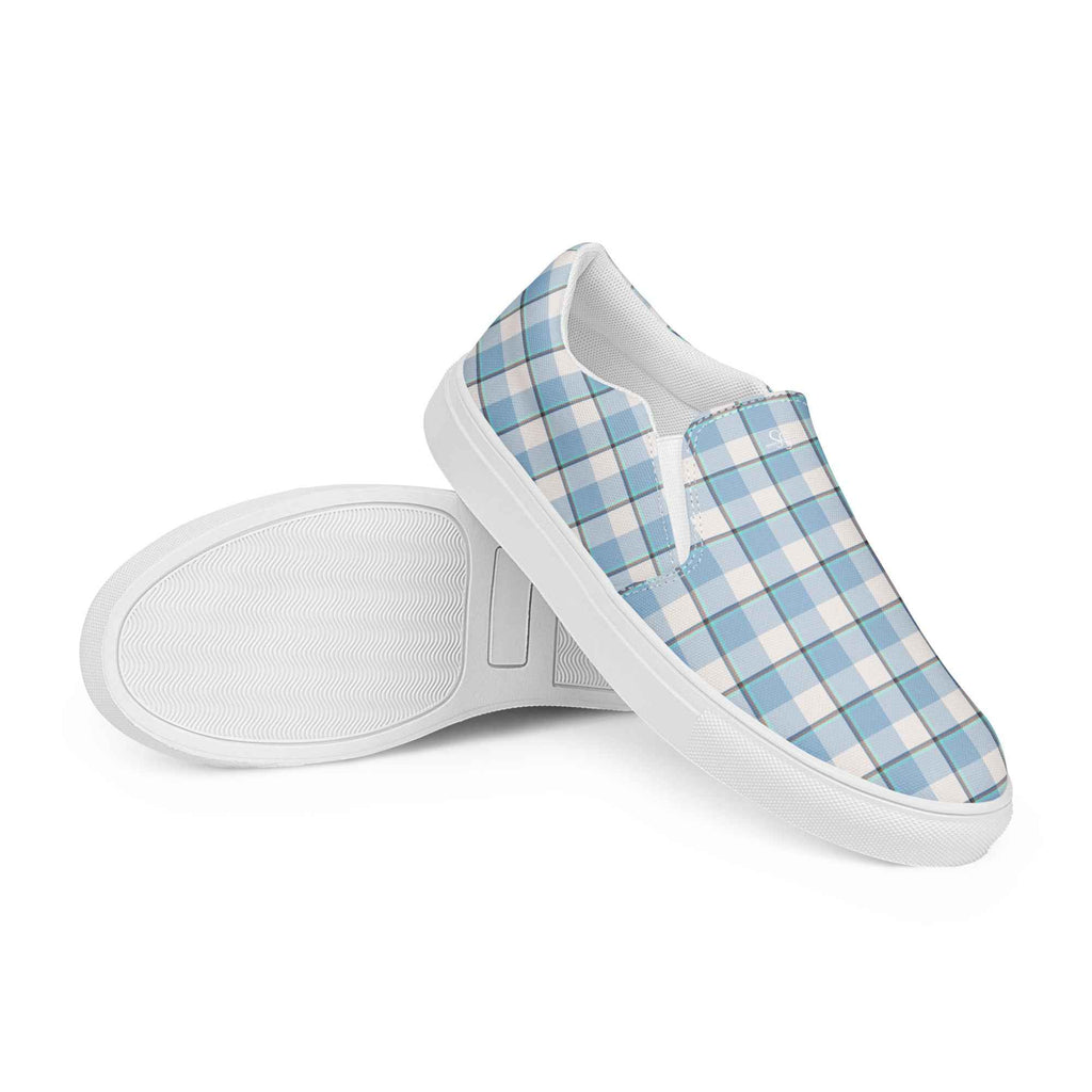 Women’s Slip-On Canvas Shoes Pink Cloud and Blue Lagoon Plaid - Scottish Squares