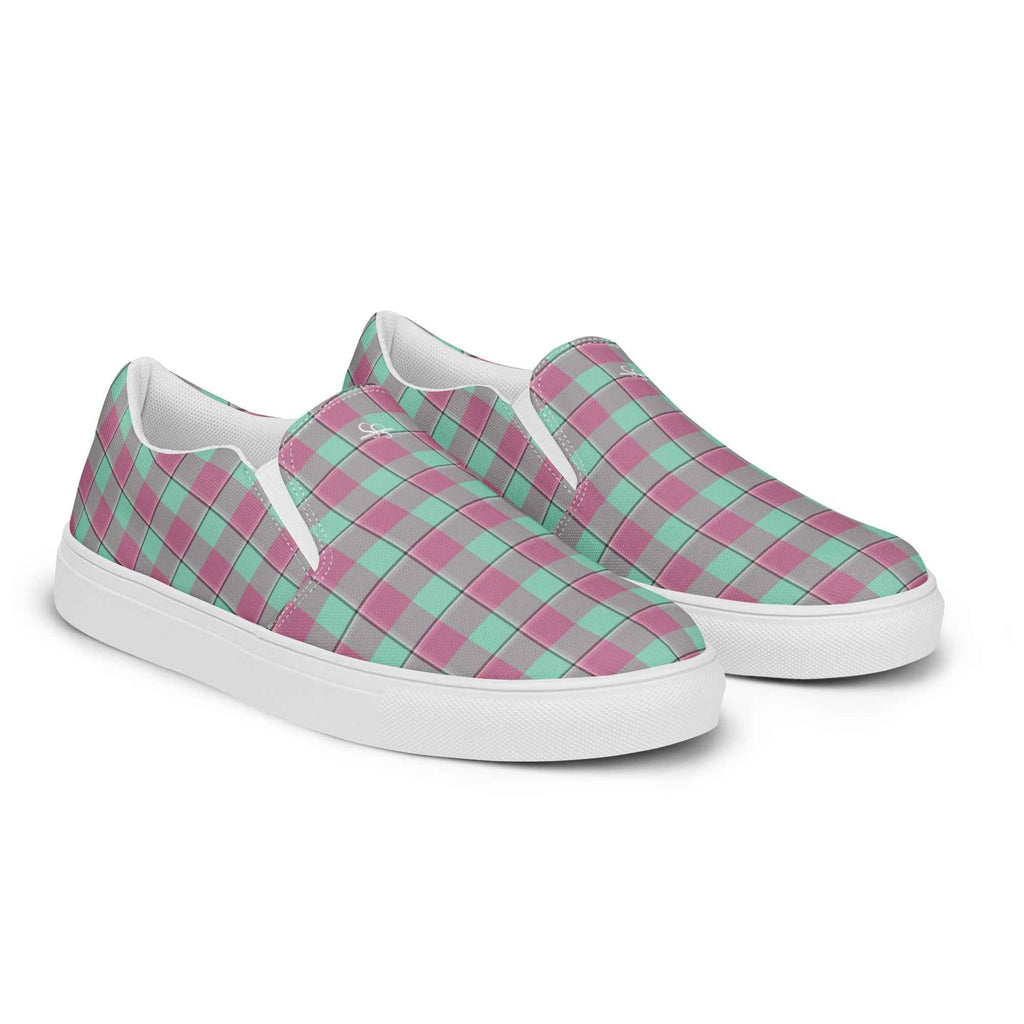 Women’s Slip-On Canvas Shoes Vista Blue and Turkish Rose Plaid - Scottish Squares