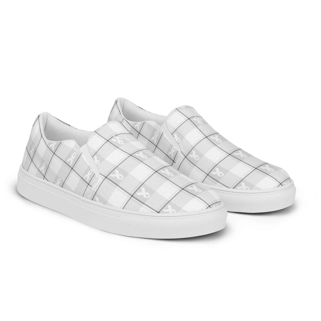 Women’s Slip-On Canvas Shoes Lung Cancer Awareness Plaid, White Ribbon, Supportive Gift - Scottish Squares