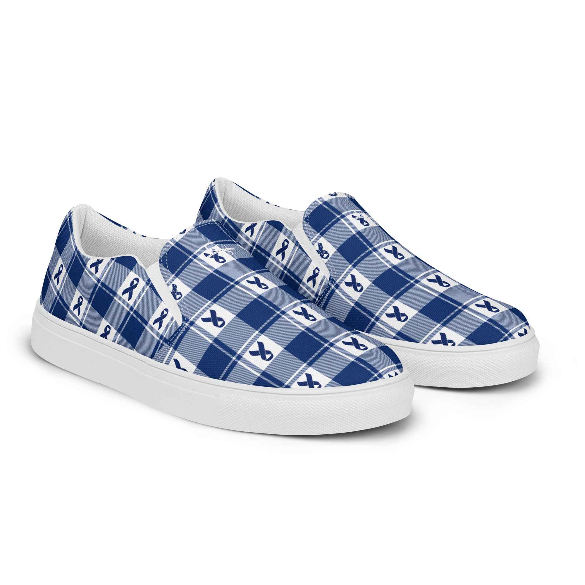 Women’s Slip-On Canvas Shoes Colorectal Cancer Awareness Plaid, Dark Blue Ribbon, Supportive Gift - Scottish Squares